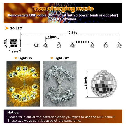 Diagram showing 20 LED Disco Ball String Lights Battery Powered and USB Plug Indoor Decor, with light on and off views and power options.