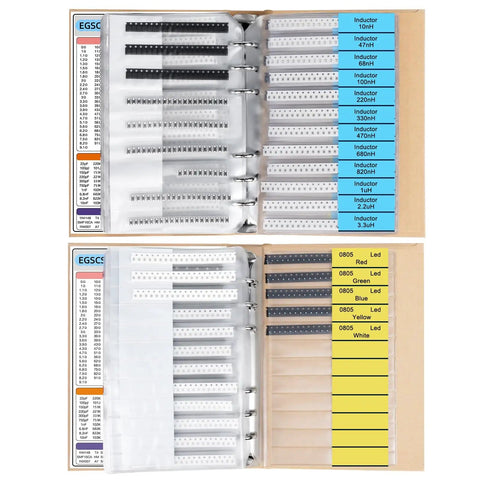 Open booklet showing Extensive SMD Electronics Component Kit With 5600 Pieces Including 0805 Resistors and LEDs.