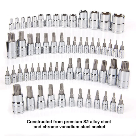 Complete Torx Bit Socket Set 60-Piece With External Torx Sockets And S2 Steel Bits CR-V Construction in a tiered layout