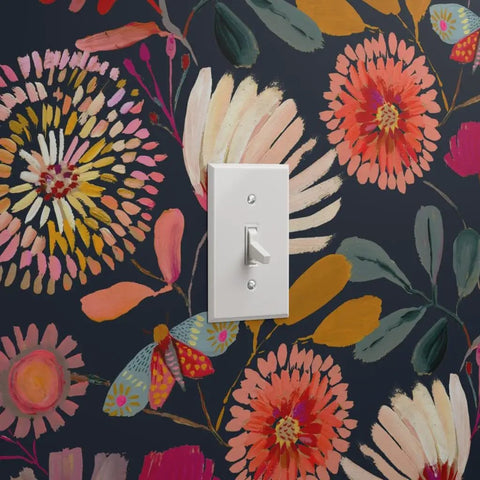 Custom Printed Colorful Blue Floral Vinyl Wallcovering Featuring Subtle Leather Texture Paste Apply Built Tough Commercial Grade Decor Roll For Offices Hotels And Restaurant Spaces Certified Favorite with light switch.