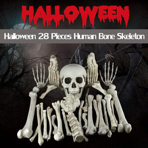 28 Piece Skeleton Bones And Skull Set For Halloween Decor Spooky Graveyard Ground Props with skull centerpiece on dark background