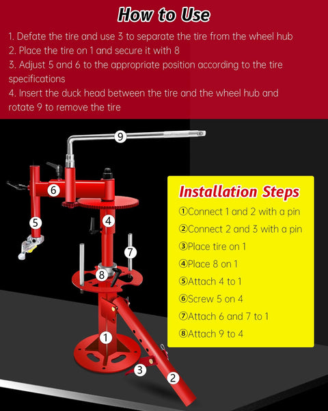 Diagram of Manual Tire Changer With Gear Transmission For 16 To 21 Inch Tires showing usage and installation steps.