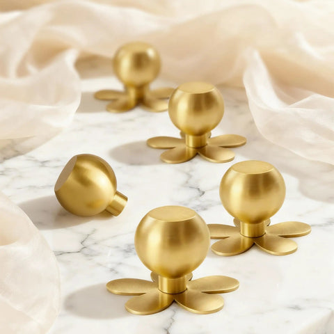 4-Pack Solid Brass Gold Cabinet Knobs With Flower Backplate on marble surface, modern dresser handles, tarnish-resistant finish