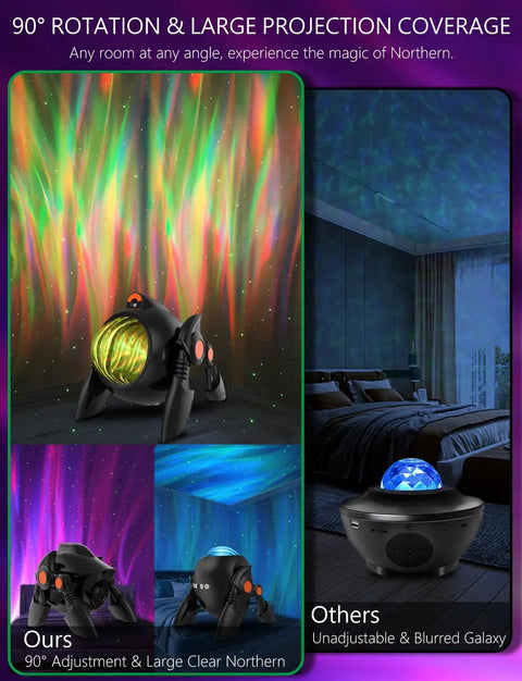 Northern Lights Projector With 28 Aurora Light Effects, Galaxy Night Light, Bluetooth Speaker, white noise, 3 in 1 Starry Sky Projector showcasing vivid aurora projection in a bedroom.