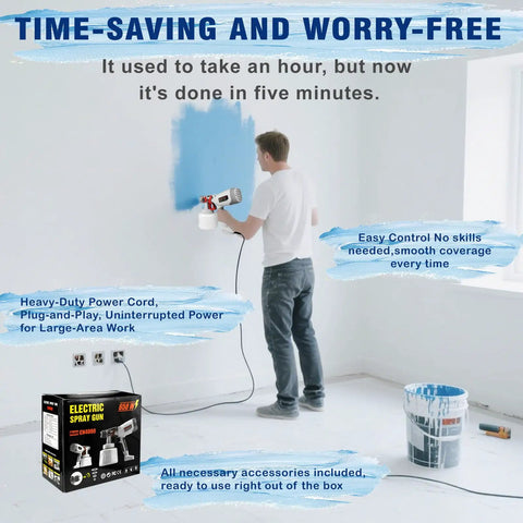Man using Electric Paint Sprayer With 1400 Ml Cup And Four Click In Tips Lightweight Hvlp Spray Gun for wall painting.