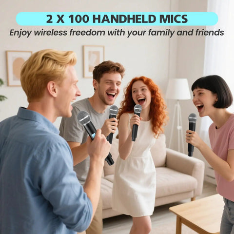 Group enjoying Wireless Microphone System With Two Handheld Mics 100 Channels Each 328 Ft UHF Range indoors