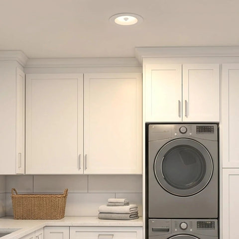 5 Inch And 6 Inch Retrofit LED PIR Motion Sensor Downlight, Super Bright 1300 Lumens, 14W, 5 CCT Color Temperatures, Indoor Outdoor Use, Motion Auto On For 30 Seconds After Detection, High CRI 80, Energy Efficient Lighting in laundry room ceiling