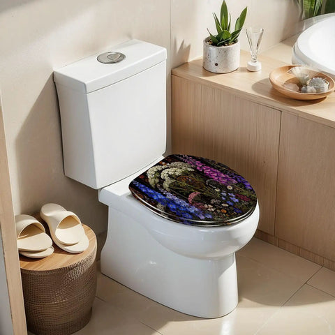 Elongated Botanical Stained Glass Garden Wildflowers Ornate Toilet Seat on white toilet in modern bathroom.