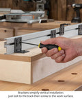 Micro Adjustable Miter Fence Stop System With Combo Track And Quick Flip Stops To Nail Your Cuts On Any Miter Saw Made In Usa Zero Hassle Precision Setup, showing installation process with brackets and screwdriver.