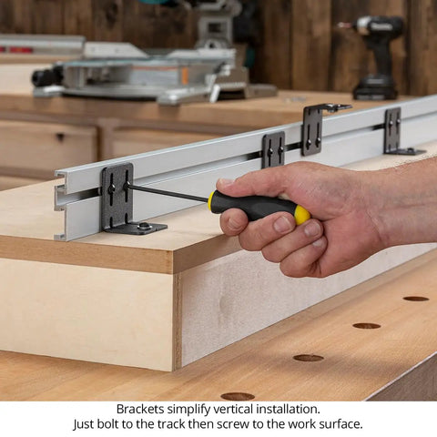 Micro Adjustable Miter Fence Stop System With Combo Track And Quick Flip Stops To Nail Your Cuts On Any Miter Saw Made In Usa Zero Hassle Precision Setup, showing installation process with brackets and screwdriver.