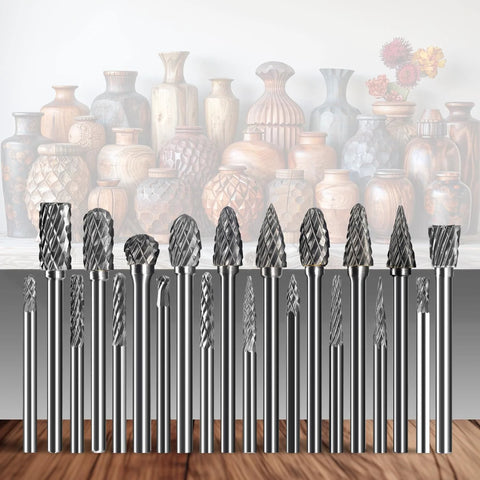 Front view of 20-piece carbide die grinder burr set with 1/8 in shanks for rotary tools