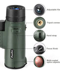 40x60 Monocular Telescope For Adults With 60mm Objective Lens, BAK4 Prism, FMC Coatings, features labeled for birding and camping.