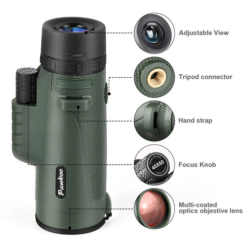 40x60 Monocular Telescope For Adults With 60mm Objective Lens, BAK4 Prism, FMC Coatings, features labeled for birding and camping.