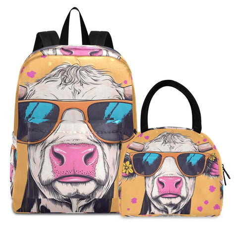 Lightweight Nylon Daypack With Insulated Lunch Box Cooler And Laptop Sleeve Fits 15.6 Inch, Scratch Resistant And Oil Resistant Exterior, Multiple Pockets For Work Or Travel, Women And Men Friendly. Featuring a cow print design with sunglasses.
