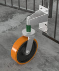 Beefy 8 Inch Gate Wheel Caster For Metal Tube Gates 1700 Lb Capacity 360 Degree Spin Spring Loaded attached to metal gate