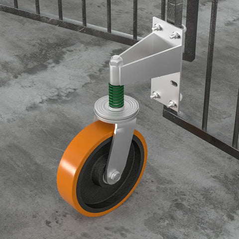 Beefy 8 Inch Gate Wheel Caster For Metal Tube Gates 1700 Lb Capacity 360 Degree Spin Spring Loaded attached to metal gate