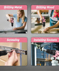 Pink 195 Piece Household Tool Kit With 12V Cordless Drill Driver Women Friendly Power Drill Set In Plastic Toolbox in use for home, office, garden projects