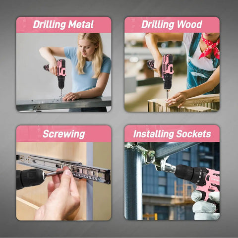 Pink 195 Piece Household Tool Kit With 12V Cordless Drill Driver Women Friendly Power Drill Set In Plastic Toolbox in use for home, office, garden projects