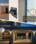 Outdoor Solar Motion Sensor Security Lights No Hassle Go To Easy Install Waterproof LED Wall Lights charging during day, lit at night