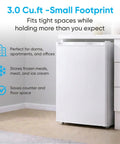 White 3.0 Cu Ft Upright Freezer With 7 Adjustable Temp Settings Compact Mini Freezer in tight space storing frozen meals.