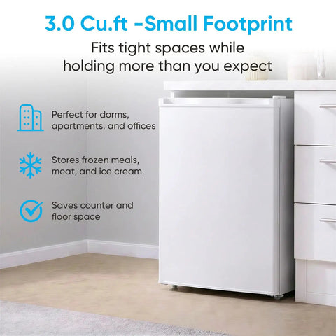 White 3.0 Cu Ft Upright Freezer With 7 Adjustable Temp Settings Compact Mini Freezer in tight space storing frozen meals.