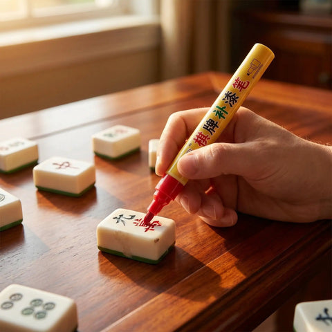 Hand using 4Pc Waterproof Paint Markers Set For Mahjong Tiles And Hobby Repairs, Extra Fine Tip, Quick Dry Formula, Works On Plastic And Rocks, Fillable Paint Pens For Game Accessories And Tiny Details on a mahjong tile