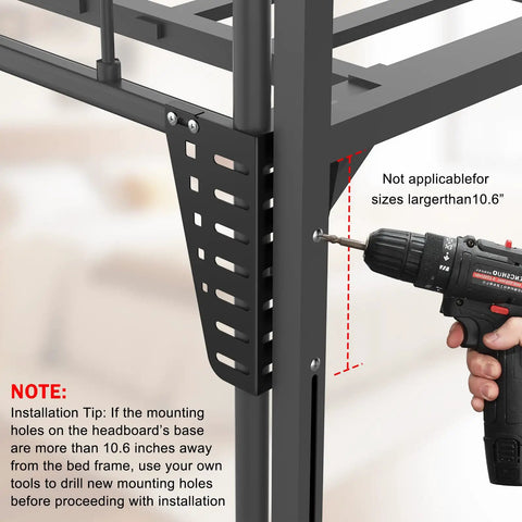 Two Pack Headboard Brackets For Metal Bed Frames Mounting Kit being drilled into metal frame, showing installation process.