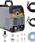 Cut50 110V 220V 50Amp IGBT Inverter Plasma Cutter With Air Power, accessories, cables, and setup parts displayed