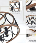 Detail image of Rustic Black Wood Drum Chandelier With Eight Lights 23.25 Inch Diameter highlighting iron and wood features.