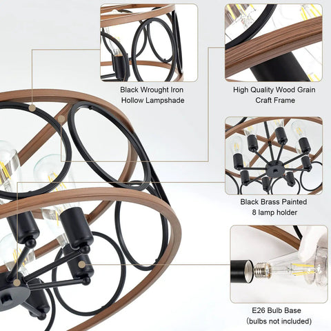 Detail image of Rustic Black Wood Drum Chandelier With Eight Lights 23.25 Inch Diameter highlighting iron and wood features.