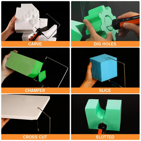Rongter Fast Heating Electric Hot Wire Foam Cutter Tool Styrofoam Model Maker 2 Inch And 4 Inch Tips, showcasing carving and slicing foam pieces.