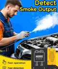 Mechanic using Smoke Machine Automotive Diagnostic Tool With Built In Air Pump 12V DC EVAP Leak Tester on car engine