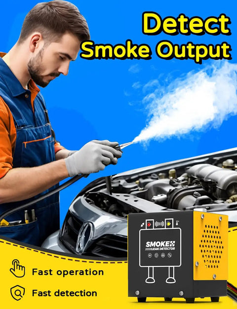 Mechanic using Smoke Machine Automotive Diagnostic Tool With Built In Air Pump 12V DC EVAP Leak Tester on car engine