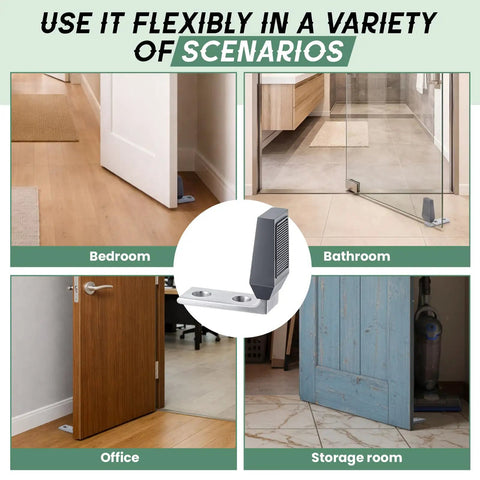 Image of Four Pack Floor Door Stops Set Heavy Duty Floor Mounted Door Stoppers With Rubber Bumpers in bedroom, bathroom, office, storage room.