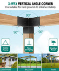3-way right angle corner with pergola brackets for 4x4 beams and post bases with sunshade holes, outdoor use.