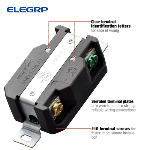 NEMA L5-30R Locking Receptacle Generator Twist Lock Outlet 30 Amp 125V with detailed terminal identification and nylon body.