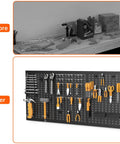 Before and after of Heavy Duty Metal Pegboard Panels 3 Pack For Garage Wall Organization And Tool Storage, tools displayed neatly on installed black panels.