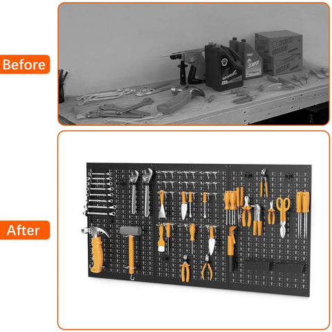 Before and after of Heavy Duty Metal Pegboard Panels 3 Pack For Garage Wall Organization And Tool Storage, tools displayed neatly on installed black panels.