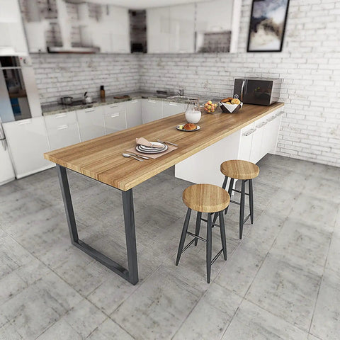 Top Shelf Industrial Steel Table Legs Two Pack Hella Heavy Duty Metal Furniture Base With Mounting Screws in a kitchen setting.