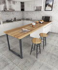 Top Shelf Heavy Duty Steel Desk Legs With Badass Industrial Vibe And Smooth Paint Ready Finish For DIY Coffee Tables Cabinets And Modern Nightstands Includes Hardware in modern kitchen setting with long wooden table and stools.