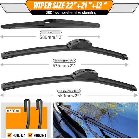 22 Inch Front Wipers And 21 Inch Rear Wiper Blade Replacement For Dodge Durango 2011-2024 And Jeep Grand Cherokee 2011-2013 OEM Quality All Season Pack Of 3 Windshield Wiper Blades showing blade sizes