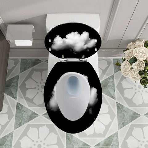 Elongated Toilet Seat Black Resin Bathroom with cloud design, measuring 14.5" x 18.5", fitted on a standard toilet.