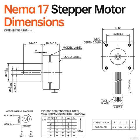 NEMA 17 stepper motor dimension diagram with front and side views, 4-wire cable, 42x42 mm body.