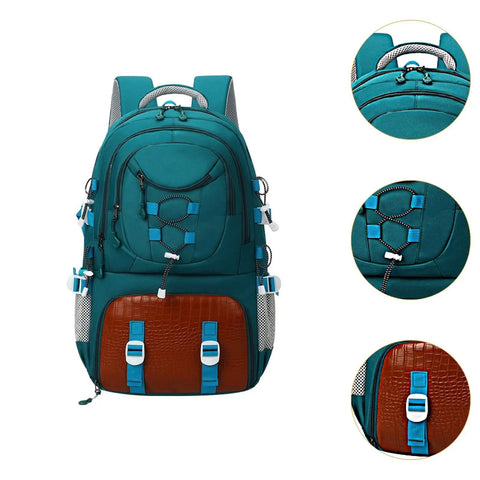 Trail Ready Hiking Backpack Rucksack in dark green with detailed compartments for outdoor adventures and camping, nylon material.