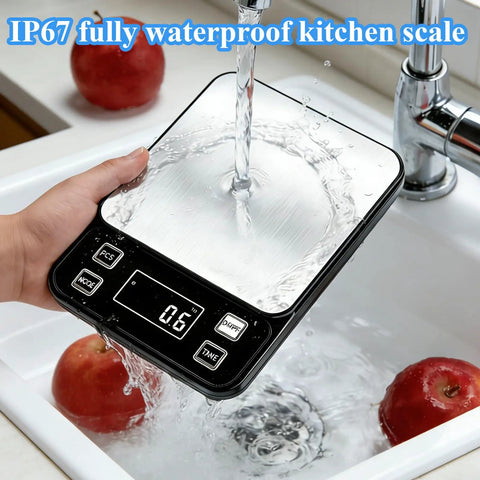 Waterproof Pro Grade Digital Kitchen Scale With IP67 Rating 10Kg Capacity 0.1g Precision Type C Rechargeable in sink with water flow