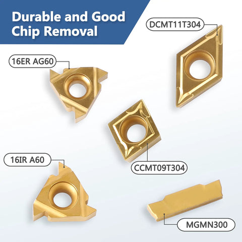 Golden carbide inserts from Pro Grade Carbide Lathe Tool Set With Seven Boring Bars And Fourteen Indexable Inserts