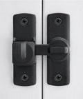 90 And 180 Degree Flip Barn Door Lock For Privacy And Security, black adjustable latch on a white door front view