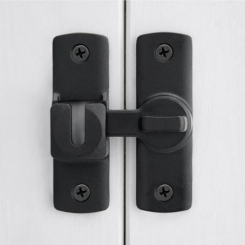 90 And 180 Degree Flip Barn Door Lock For Privacy And Security, black adjustable latch on a white door front view