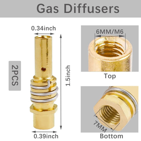 Gas diffusers for MIG welding, 2 pieces, 0.34 inch diameter, 1.5 inch length, brass material, part of Top Tier 14-Piece MIG Welder Accessory Kit.