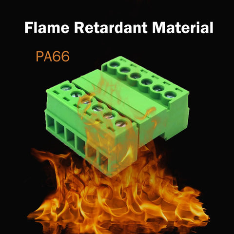 Two Pack Eight Pin Three Point Five Millimeter Pitch Screw Terminal Block Connector Plug And Play Quick Male And Female Phoenix Type For 28 To 16 AWG Wires 300V 8A Rated shown with flame retardant PA66 material.